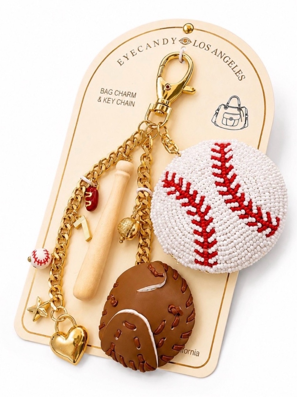 eye candy White & Red Baseball Bag Charm Key Chain - Picture 2 of 4